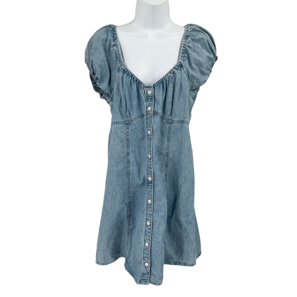 Madewell Mini Denim Dress 4 Blue Puff Sleeve Button Front Boho Cow Girl Western